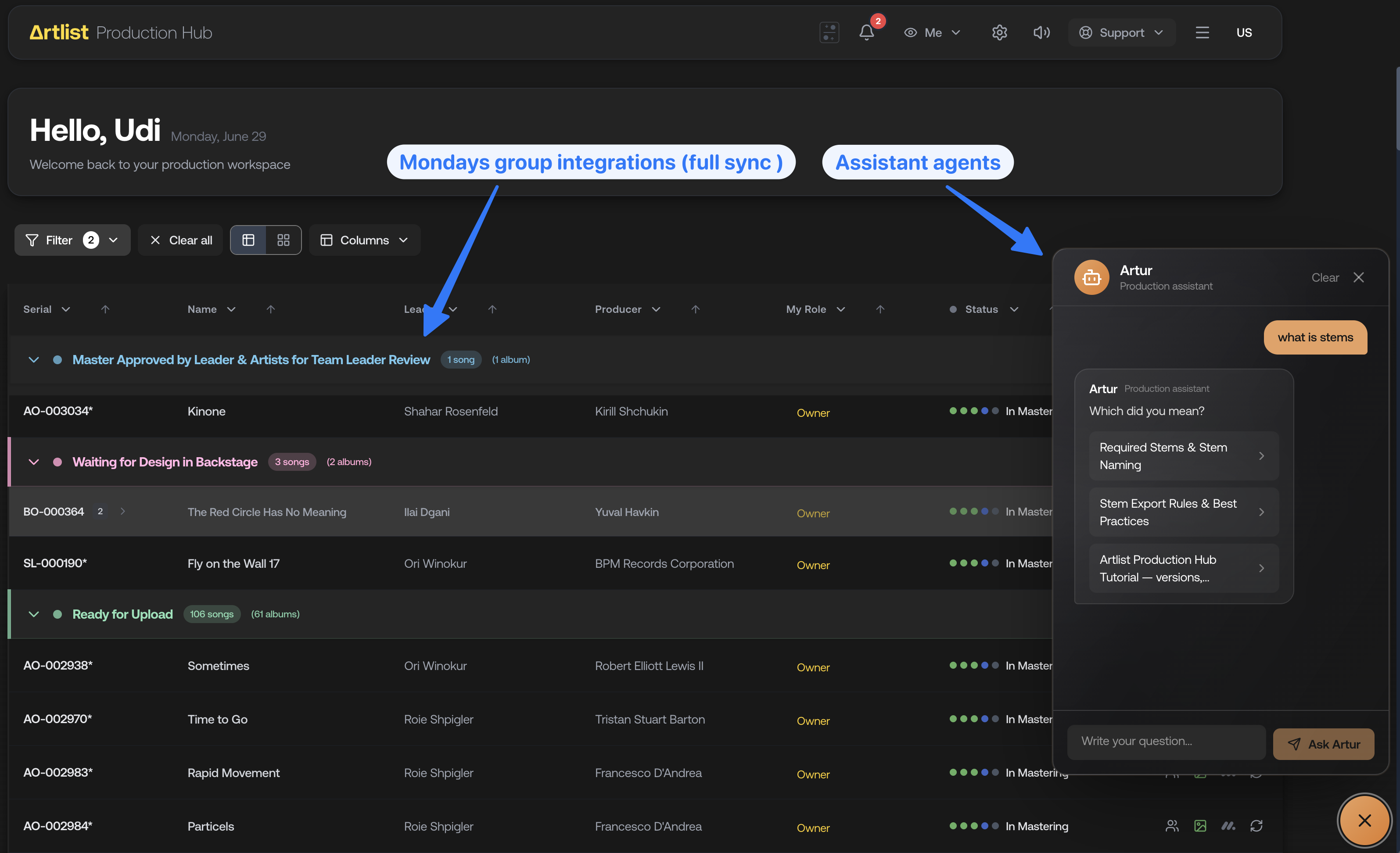 Production Hub workspace with tracks grouped by production status
