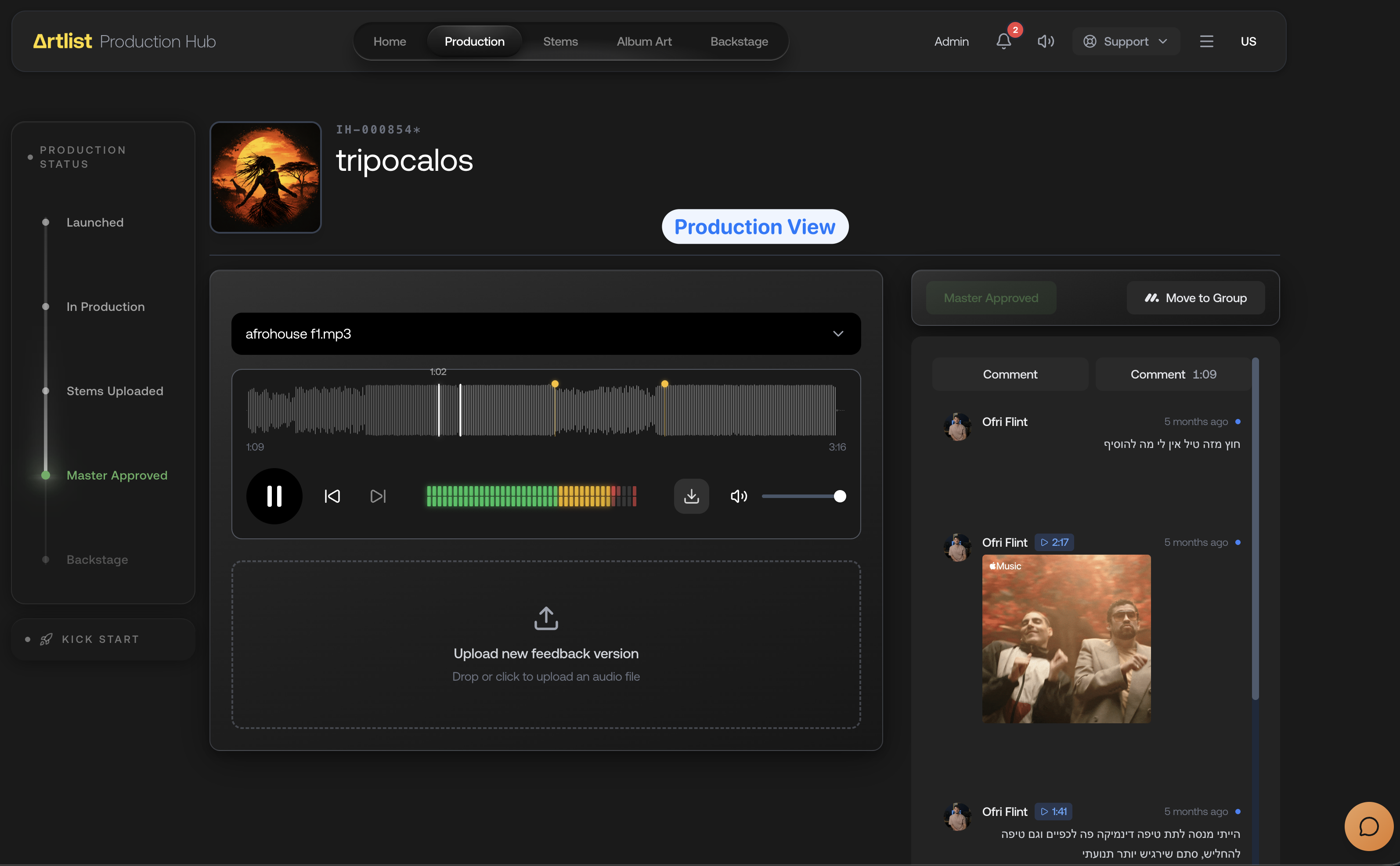 Production Hub production view with waveform player and approval controls