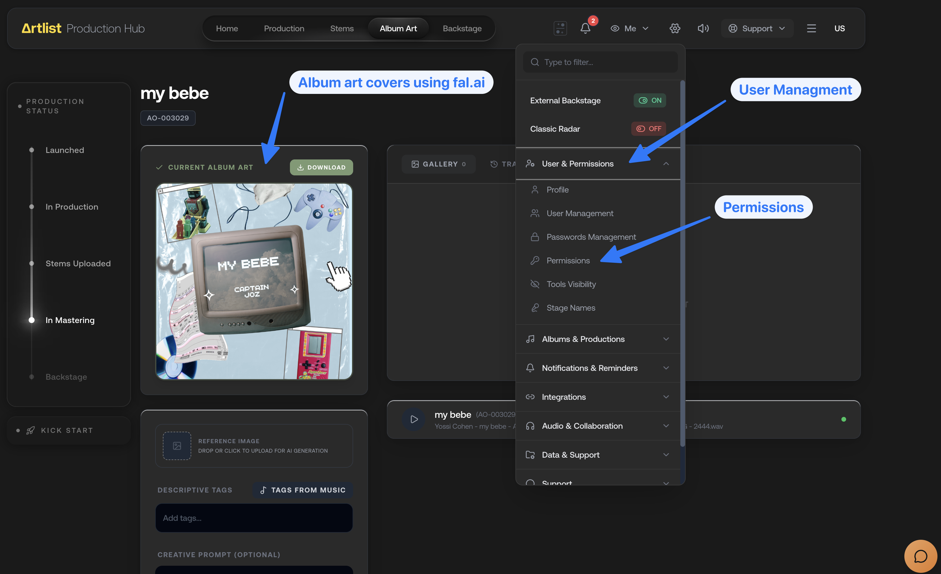 Production Hub settings for users, permissions, and integrations